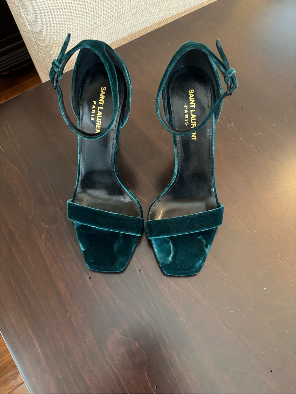 Saint Laurent Green Velvet Ankle-Strap Heels - 38